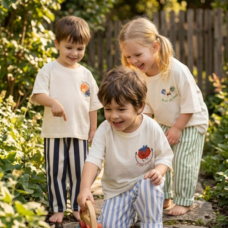 Three children laughing in a garden wearing Citric Stories sets