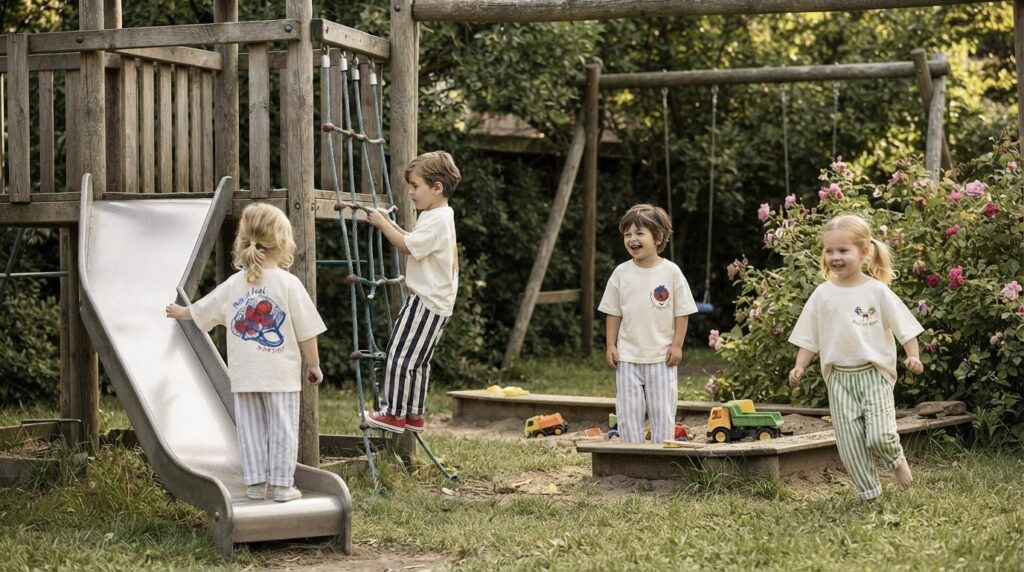 Children playing outdoors in Citric Stories sets