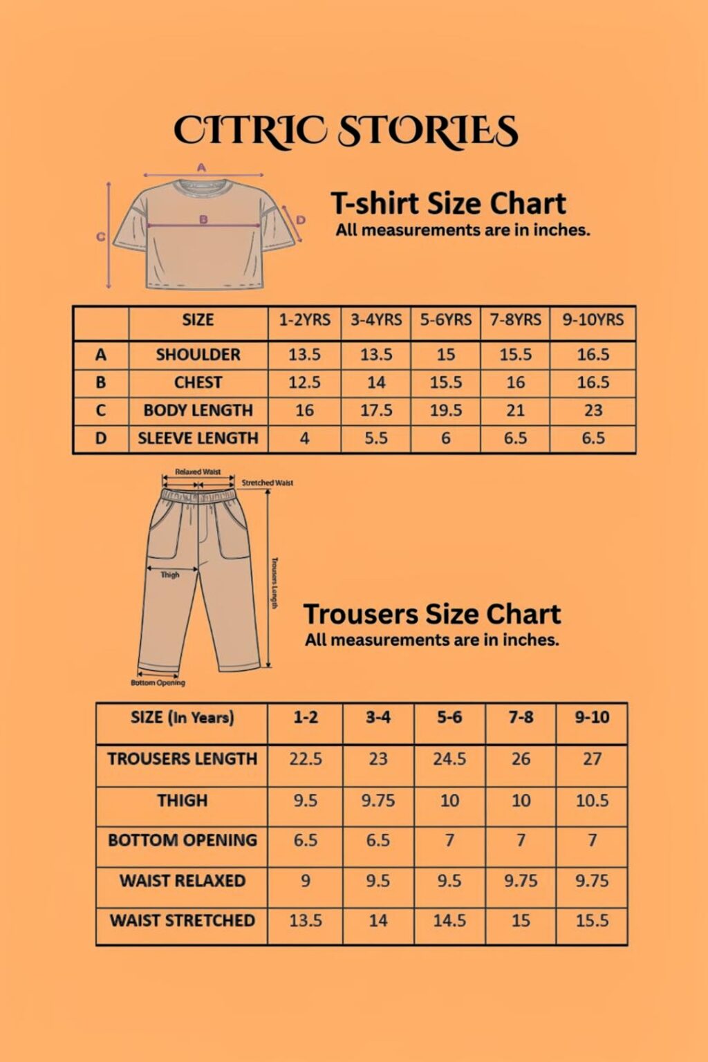 Citric Stories t-shirt and trouser size chart, all measurements in inches