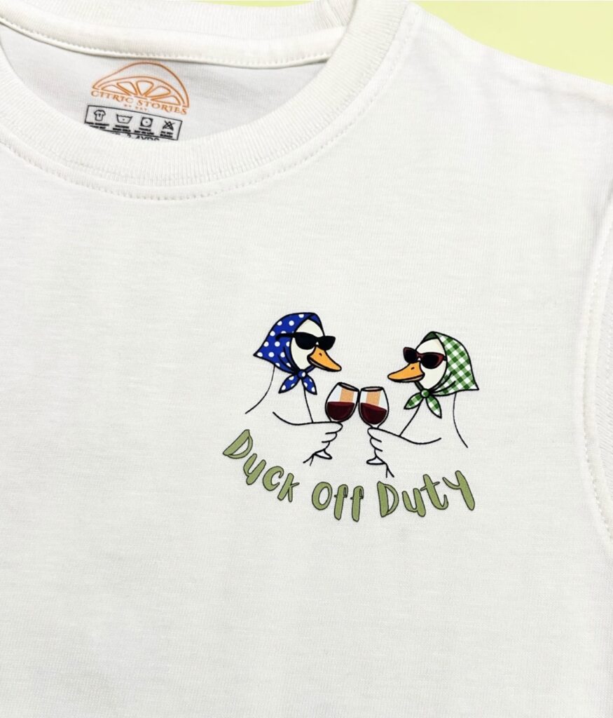 Duck off Duty chest print close-up