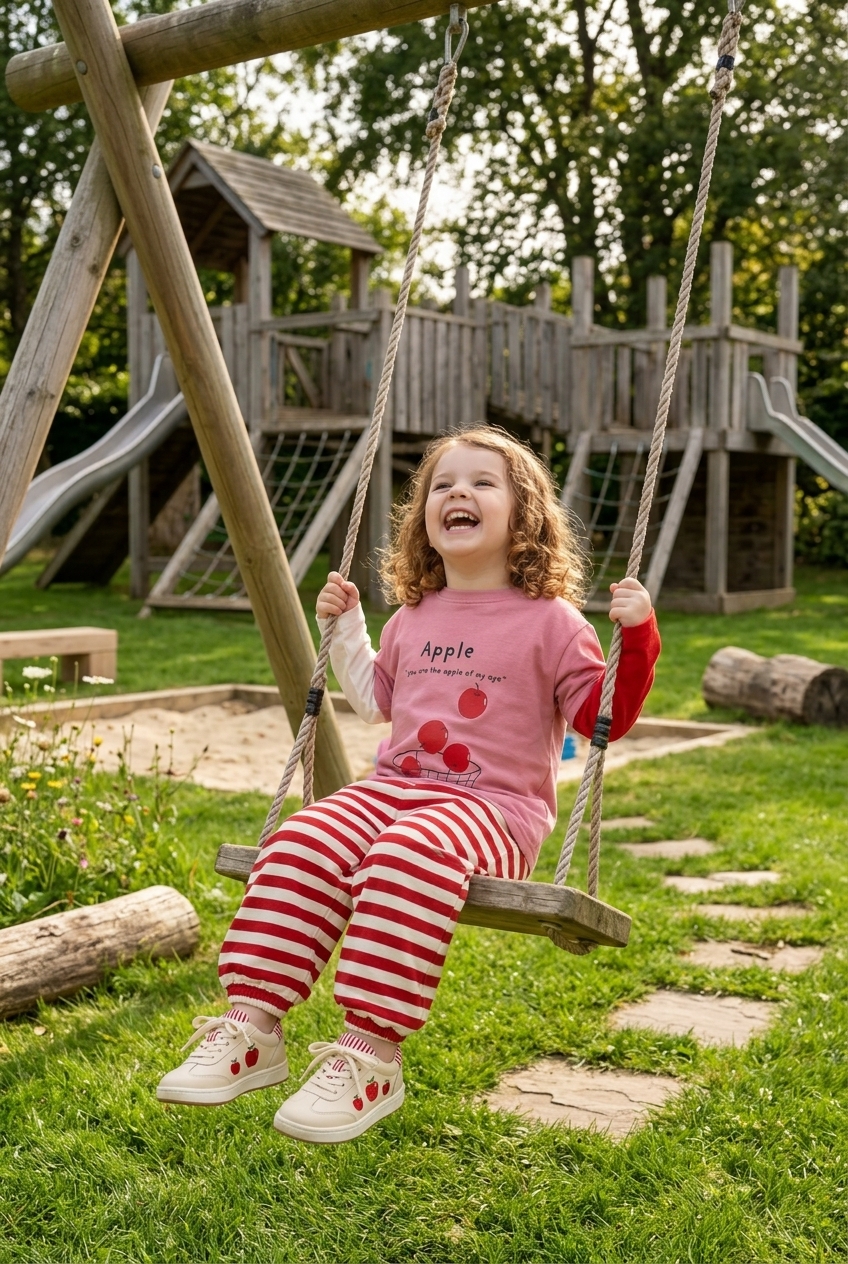 Kid swinging in the park wearing the Citric Stories Apple Berry two-piece set